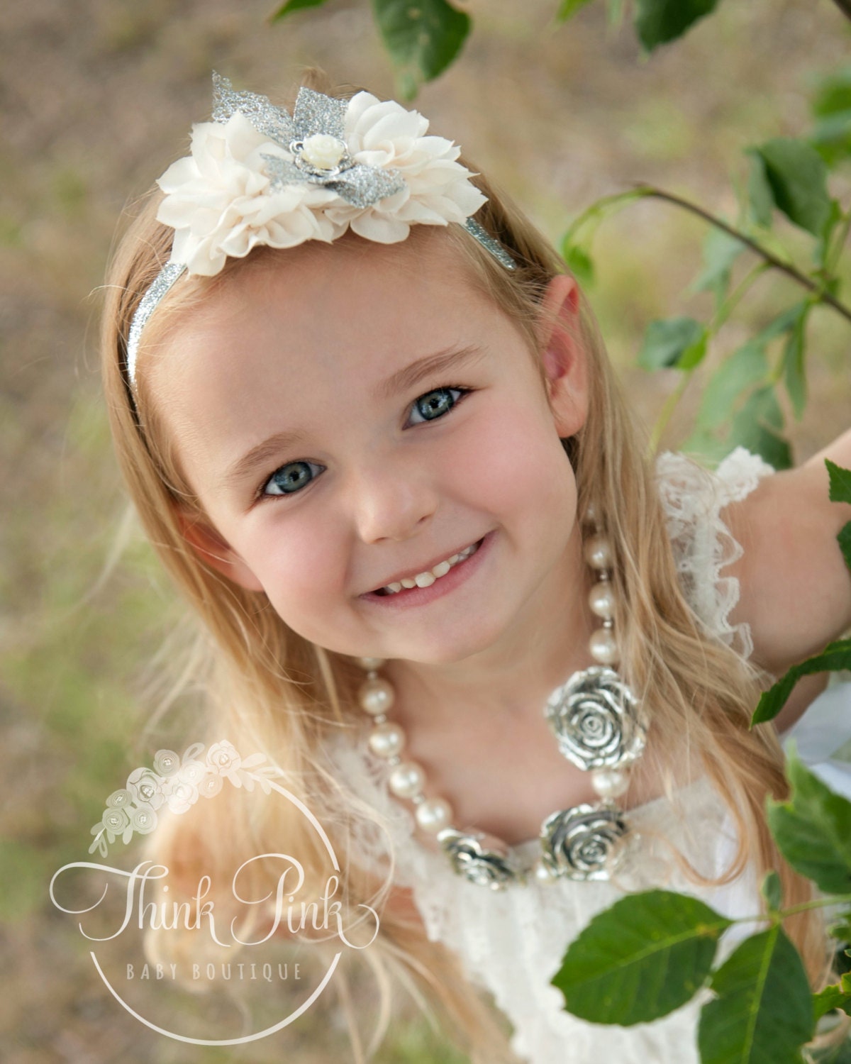 Bubblegum Necklace and girls Headband SET,Baby Headbands, Little girls Chunky Necklace, Girls Headband silver necklace,Flower Girl Headband.