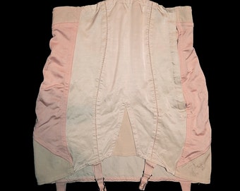 Large vintage 40s 50s pink salmon cream peach rayon satin bombshell girdle corset garter belt by Charmode - S / M