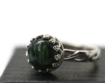 8mm Seraphinite Ring, Sterling Silver Celtic Jewelry, Natural Silvery Green Gemstone, Personalized Inscription, Custom Engraved Ring