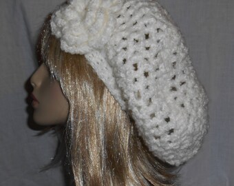 White Crochet Slouchy Hat with Removable Flower - FREE SHIPPING to US and Canada