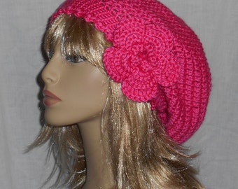 Hot Pink Crochet Slouchy Hat with Removable Flower - FREE SHIPPING to US and Canada