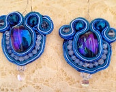 Blue Soutache Earrings, Crystals, Sterling Silver Wire
