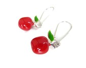 Apple earrings, silver plated, enameled, red, dangle, kidney ear wires, fruit,
