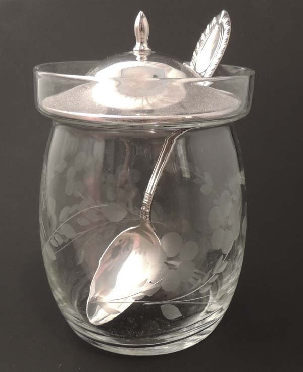 Vintage Floral Etched Glass Condiment Jar with Sterling Lid