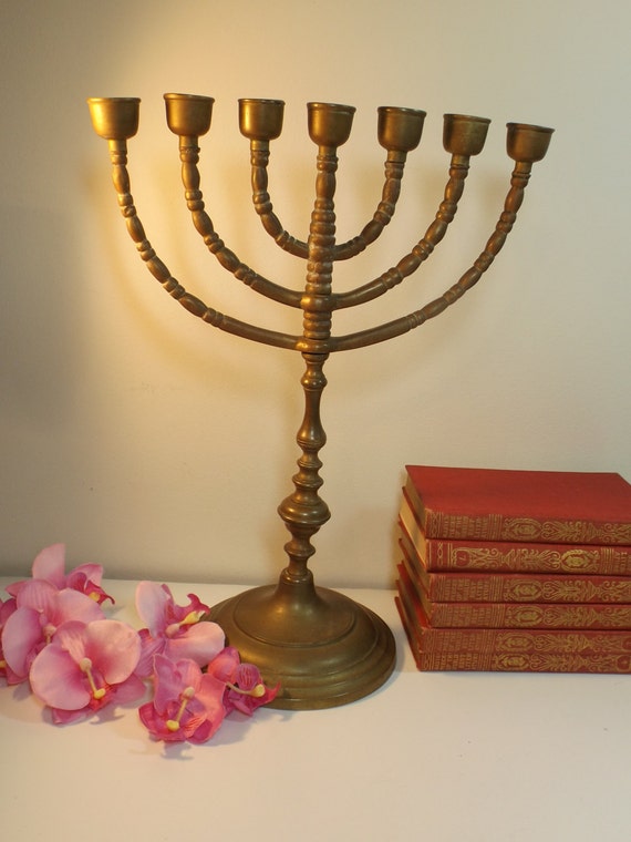 Large ANTIQUE temple menorah brass CANDLE HOLDER.Judaica.Sabbath,Kodesh