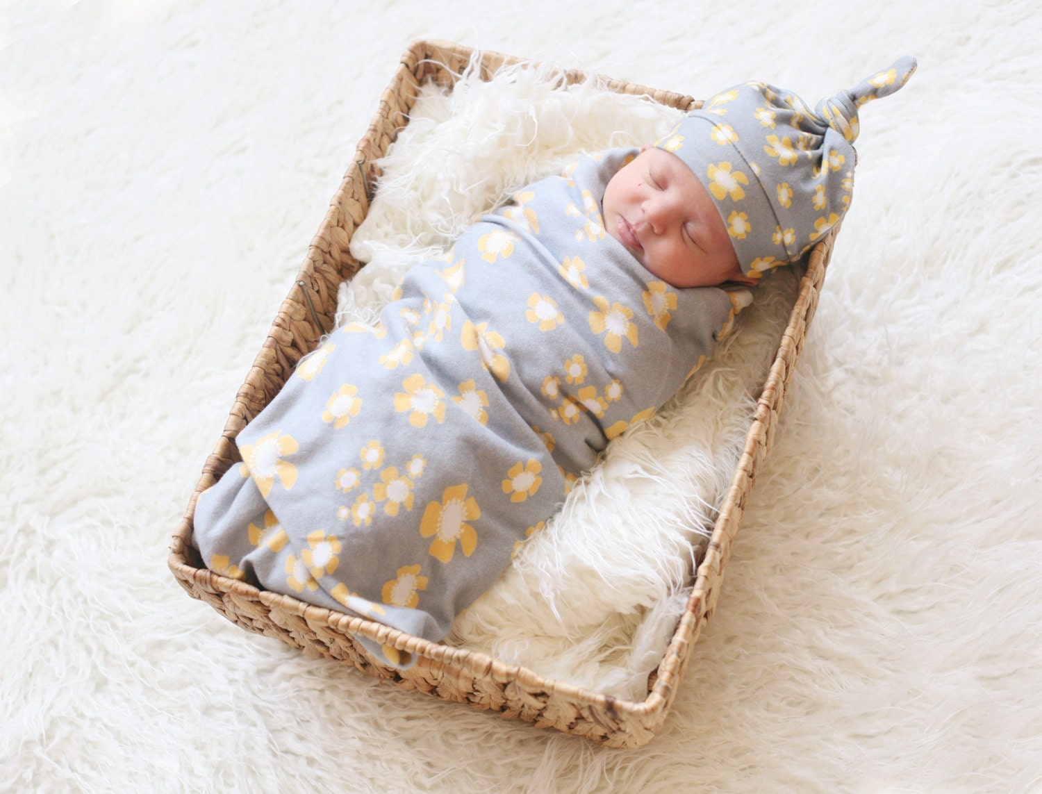 Floral Knotty Hat and Blanket Baby Girl Gray with Yellow