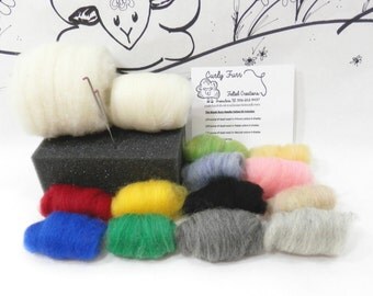 Needle felting kit / Wooly Buns roving assortment / felting needles / felting foam / core wool / beginners kit / DIY wool felting kit