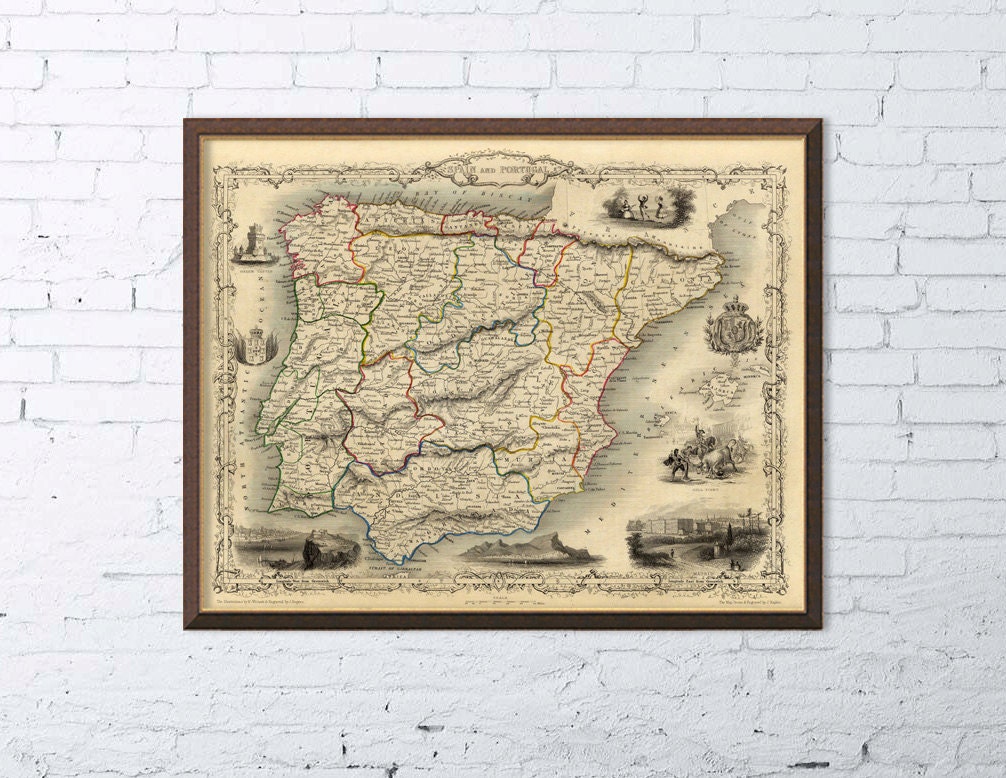 Old map of Spain Old map of Portugal Vintage map archival