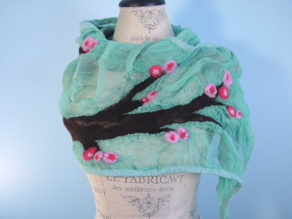 Teal Silk Chiffon Wrap with Cherry Blossoms and Branches - Teal and Pink Silk Wrap - Wool and Silk Chiffon Cherry Blossom Scarf