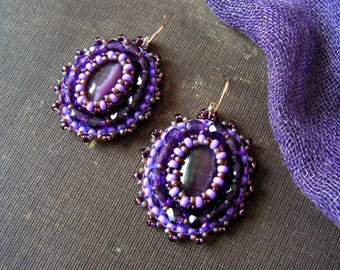 Purple Beadwork Earrings Bead embroidery earrings Purple Earrings Purple dangle Earrings Bead embroidered jewelry MADE TO ORDER