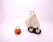 Polymer Clay Ghost Figure with Trick or Treat pumpkin - Boo
