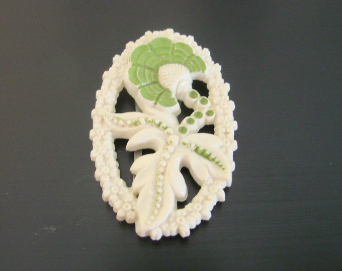Carved Celluloid Floral Dress Clip / Olive Green / White / Hand Tinted / 40s Vintage Jewelry / Jewellery