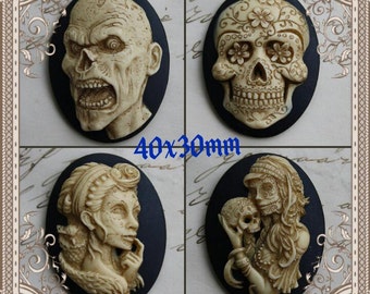 Antiqued Zombie Skull DAY of the DEAD Sugar Skull Skeleton Cameo Cab Cabochon Dia de los Muertos Skull Black Ivory 40x30mm 1 piece