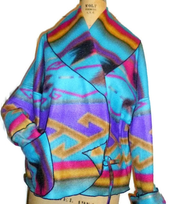 Items similar to Womens Fleece Jacket Aztec Print Black/Turquoise on Etsy