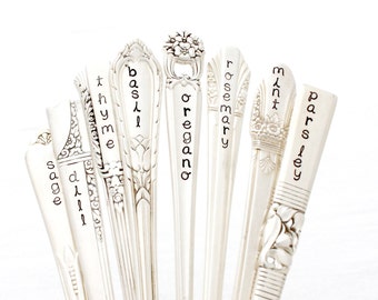 CHOOSE TWO Stamped Silverware Garden Markers. Sage, Dill, Thyme, Mint, Oregano, Basil and Rosemary. Vintage Silverware Stakes.