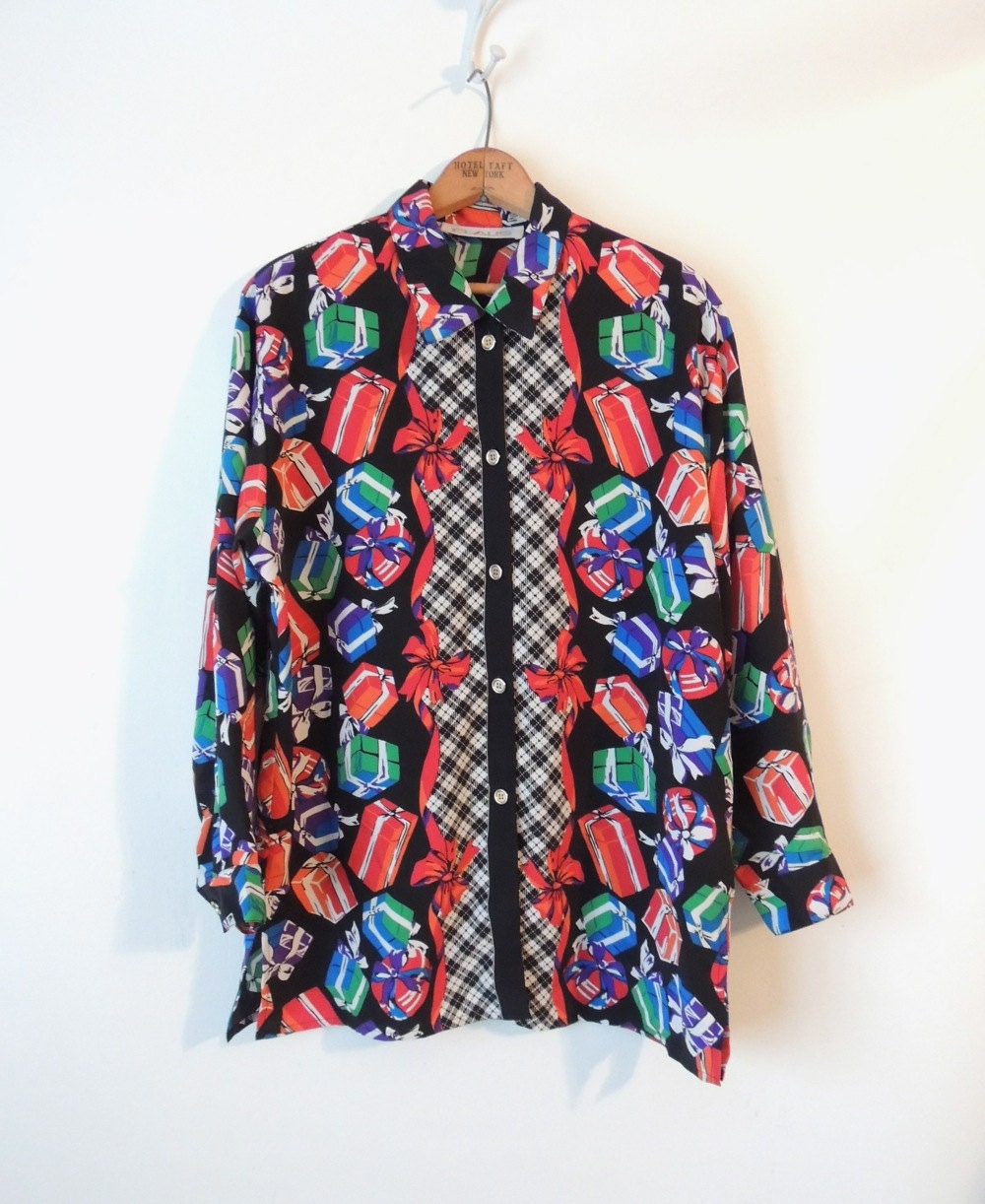 Oversized Christmas Blouse / Colorful Christmas Present Print