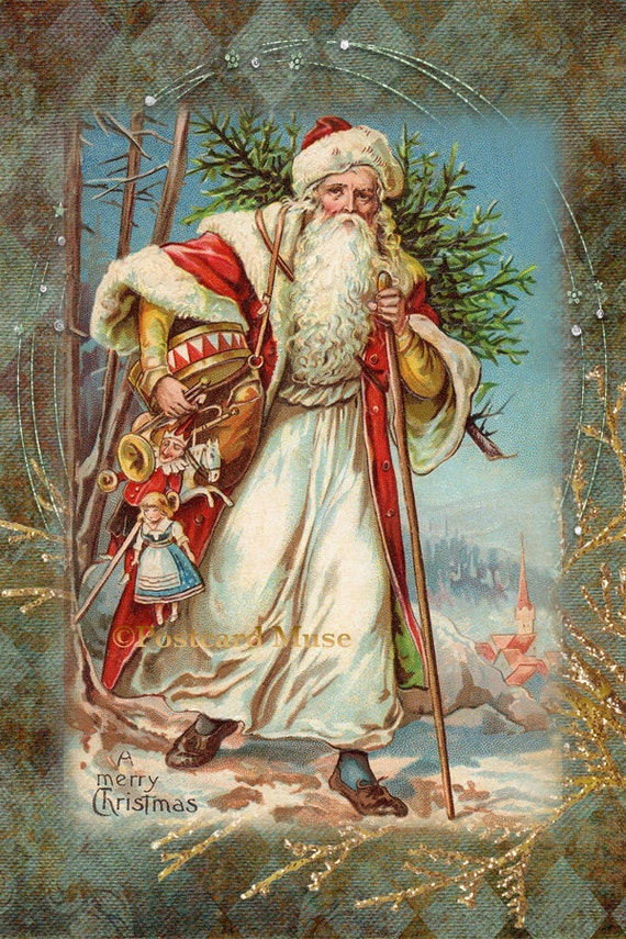 RED And WHITE Robe Santa With Gifts Vintage by PostcardMuse