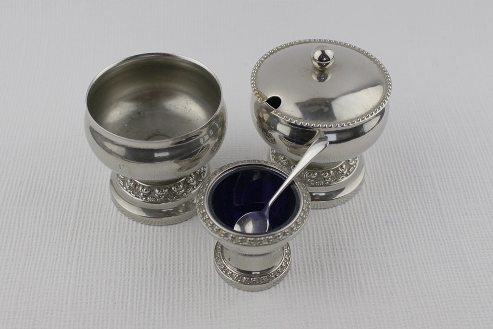 Ianthe Plated 1970s Ornate Condiments Serving Set Sugar Bowl Jam