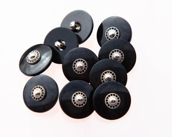 16 Vintage 11/16 Plastic Shank Buttons. Shiny Black with