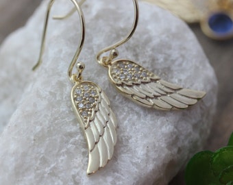 Gold Angel Wing Earrings, CZ Angel Wing Earrings, Gold Angel Wing Jewelry.