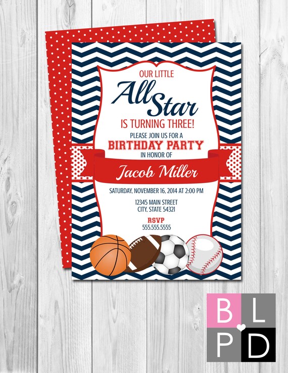 All Star Sports Theme Birthday Party Invitation - Red and Blue - Chevron Stripes - BACKSIDE INCLUDED - DIY - Printable Il_570xn