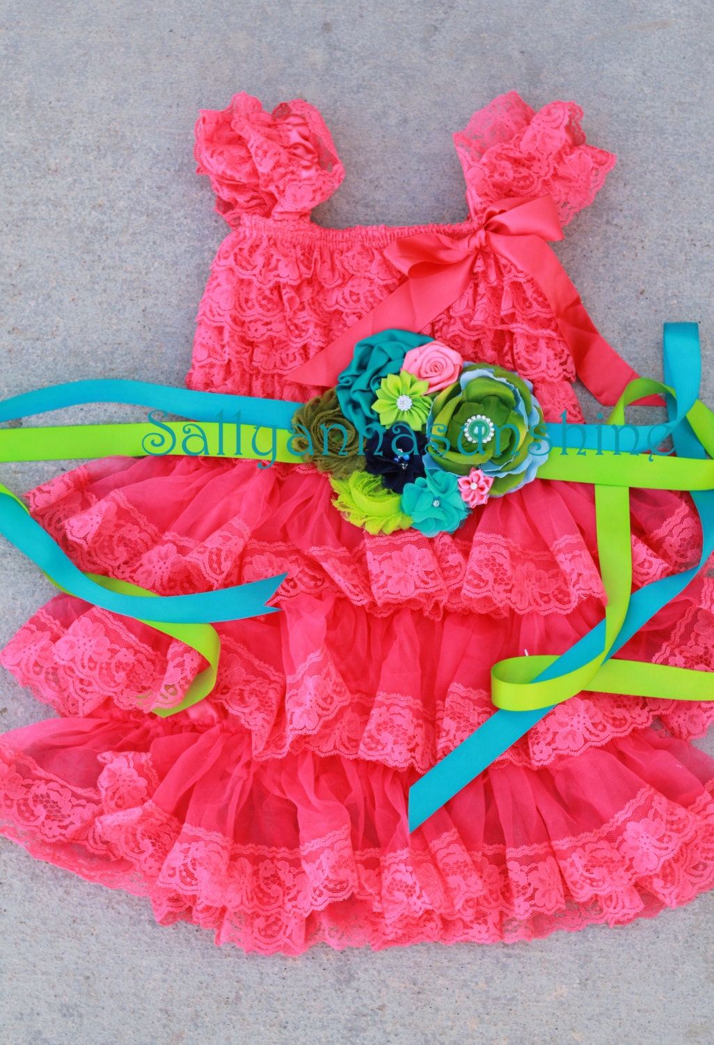 coral dress and sash hair clip setlime coral by SallyAnnaSunshines
