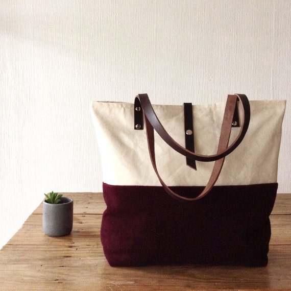Canvas and Wool Tote Bag Burgundy off White Tote Leather Handles, Large ...