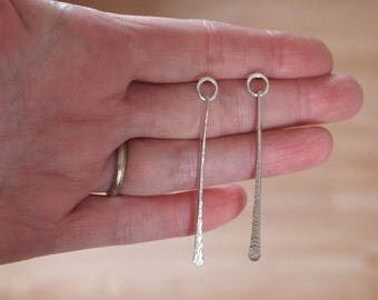 sterling silver studs, hammered forged silver earrings, ring stud earrings, long rod dangle earrings, handmade artisan ARC jewellery UK