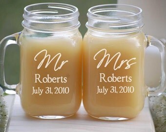 Personalized Wedding Glasses - Mason Jar Barn Wedding Mugs - Mr and Mrs - Custom Engraved Wedding Favors