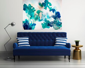 Large Abstract Painting Print, Abstract Art on Paper, Navy Blue Green Print, Large Art Print, Bright Art Blue Artwork Abstract Print, Begin