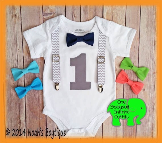 Boys First Birthday Outfit - Grey Chevron - Birthday Shirt - Suspenders Bow Tie - 1st Birthday - Birthday Clothes - Navy - Lime - Aqua by NoahsBoytiques