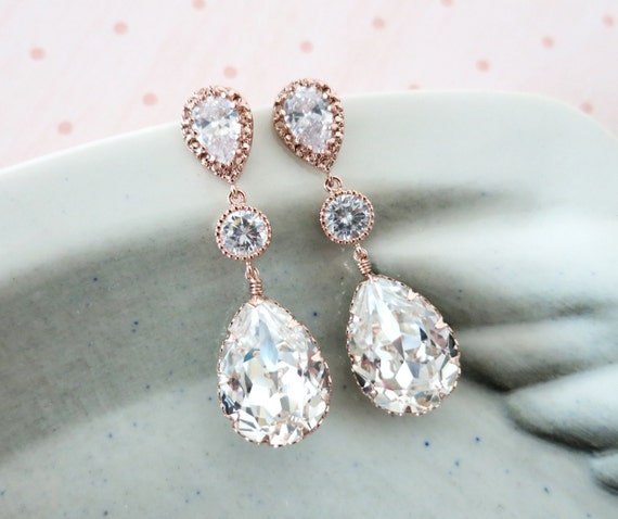 Rose Gold Teardrop Crystal Earrings, Bridesmaid Earrings, Bridal ...
