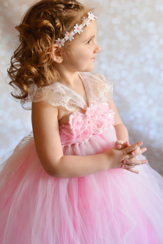 Items Similar To Flower Girl Tutu Dress Pink Lace And Satin Straps Shabby Chic Flowers 