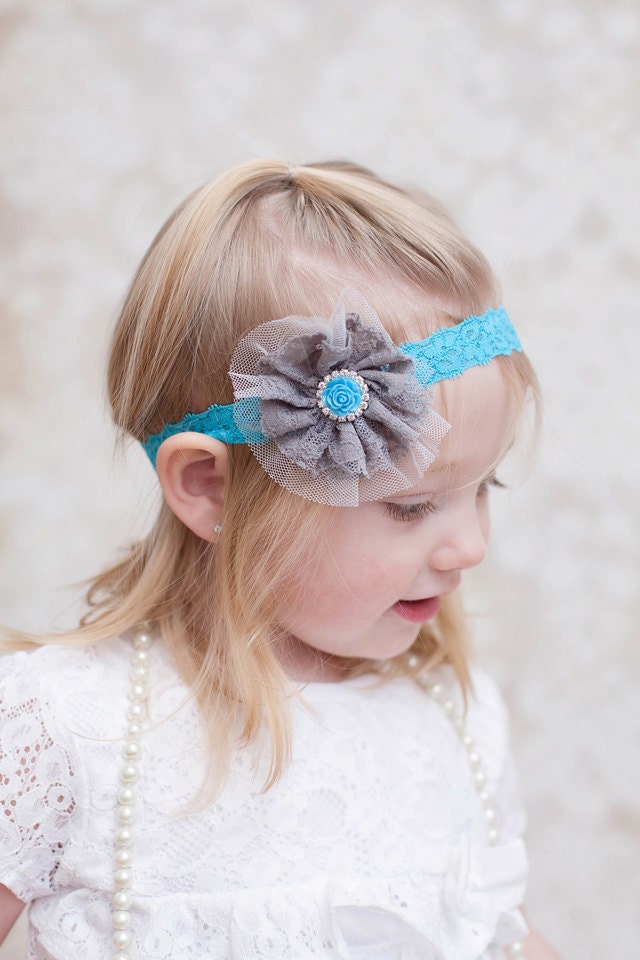 Grey Lace Headband, Turquoise Grey Headband, Gray Turquoise Headband ...