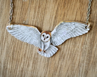 Flying Barn Owl Bird Necklace - Illustrated Wooden Jewellery