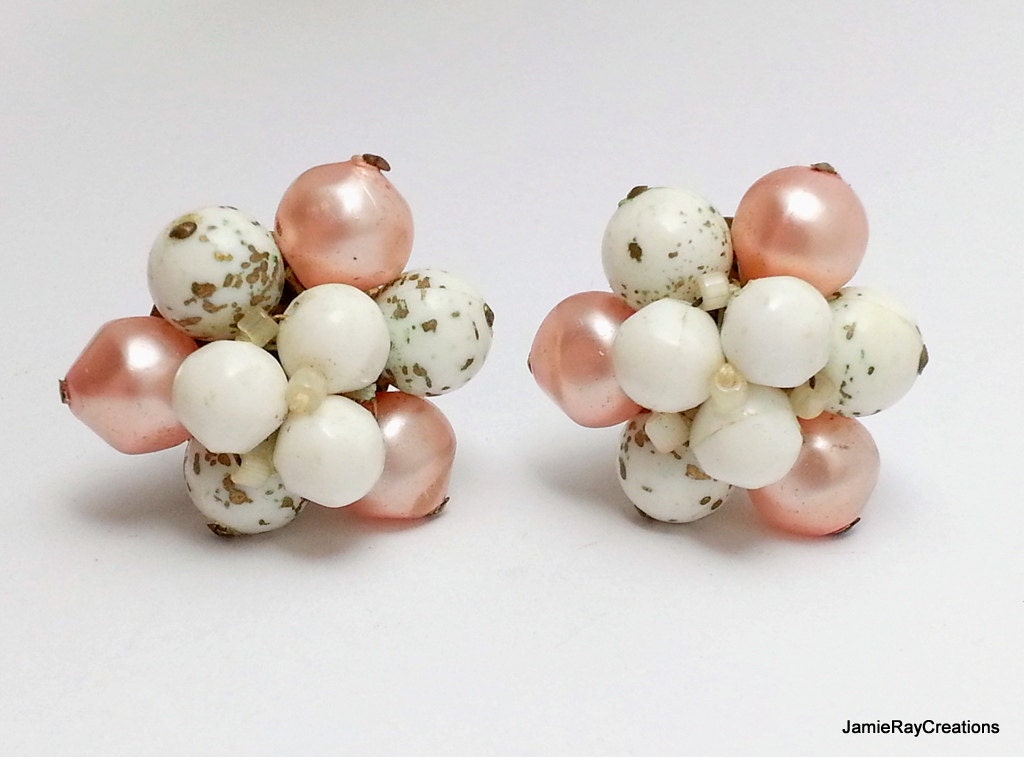 Vintage West Germany Cluster Clip On Earrings White Pink
