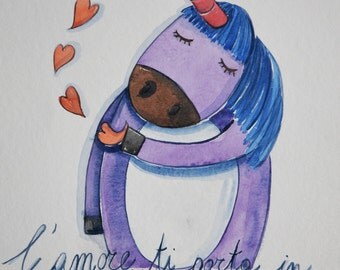 Illustrazione ad acquerello, L'unicorno e l'amore che ti porta in cielo
