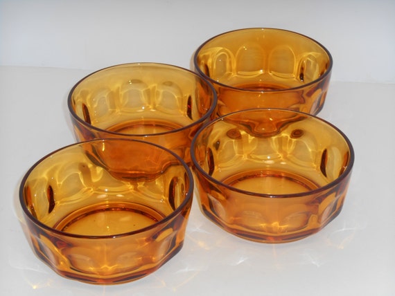 Vintage Arcoroc France Amber Thumbprint Glass Snack Bowls