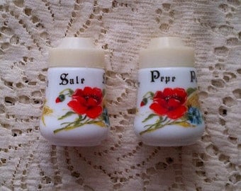 Pair of White Milk Glass Salt and Pepper Shakers with Red Poppy Floral Print - English German French Italian