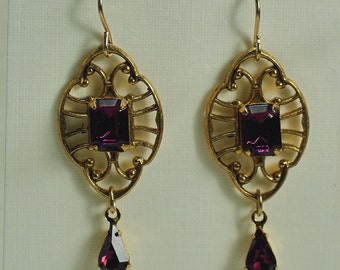 Art Deco Amethyst Earrings, Crystal Teardrop Earrings, Glamour Earrings, Gastby Earrings, Fashion Amethyst Earrings, Dressy Gold Earrings