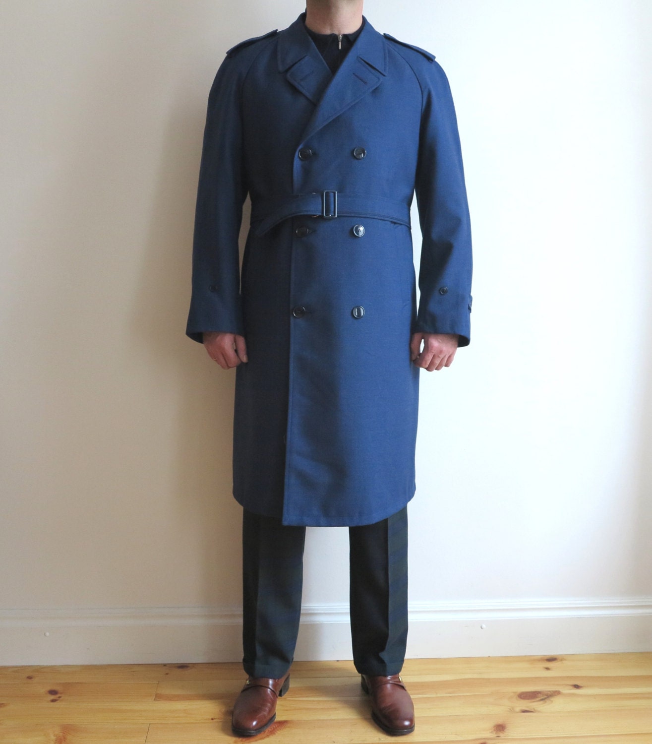 Mens Dark Blue Navy Trench Coat Military Style by VintageOffer
