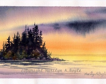 ORIGINAL WATERCOLOR PAINTING; art, lake, sunset, island, watercolor, trees, nature, Canadian art, wilderness, miniature art, 5 x 9 inches