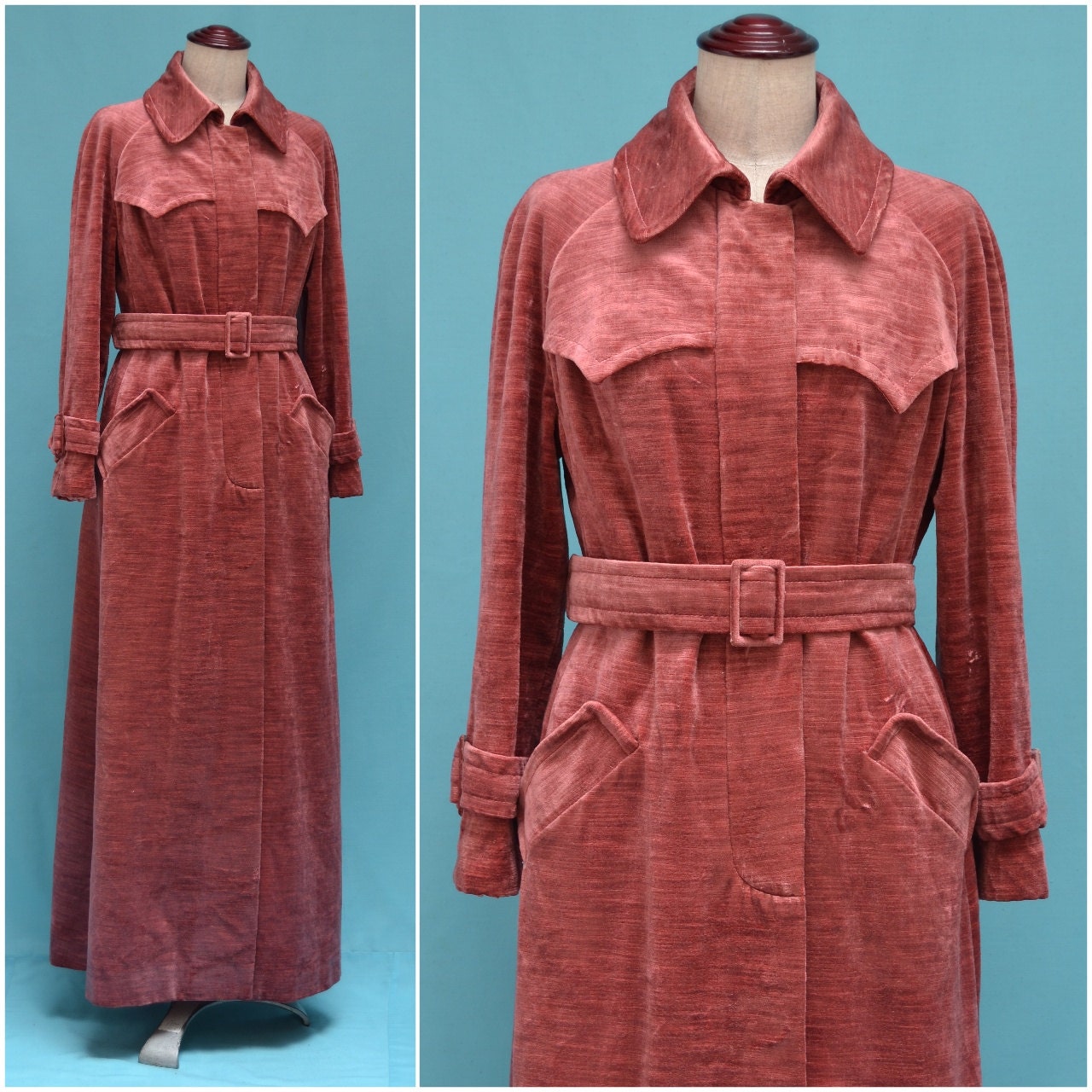 Vintage coat 1970s pink velvet maxi coat by VintageGreenClothing