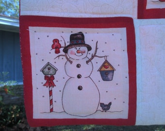Snowman Christmas Wall Hanging Quilt - Machine Quilted Cotton on Batting