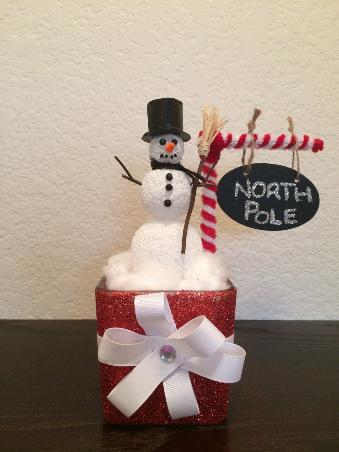 Glass Snowman Jewelry Box / Glass Jewelry Box / Winter Birthday Centerpiece / Handmade Snowman / Red Glitter Jewelry / NorthPole Design