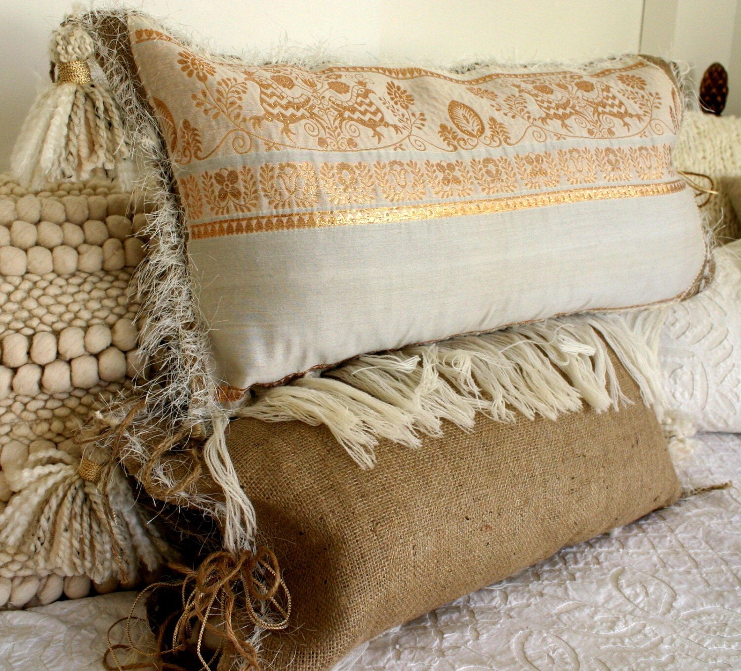 White and Gold Boho Tassels pillow 1 left by JaniceMcCartyDesign