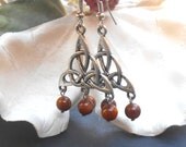 Mother of pearl earrings in copper brown with Celtic or tribal inspired chandelier elements. Long brown earrings. Tribal earrings.