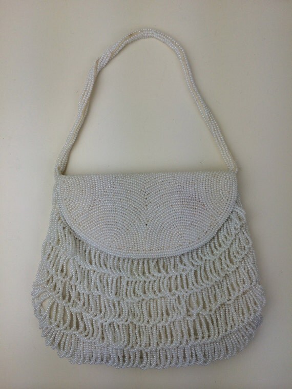 white hand beaded evening bag w beaded fringed 60's