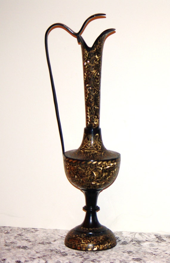 Brass Black Metal India Ewer Pitcher Gold Etched Decorative