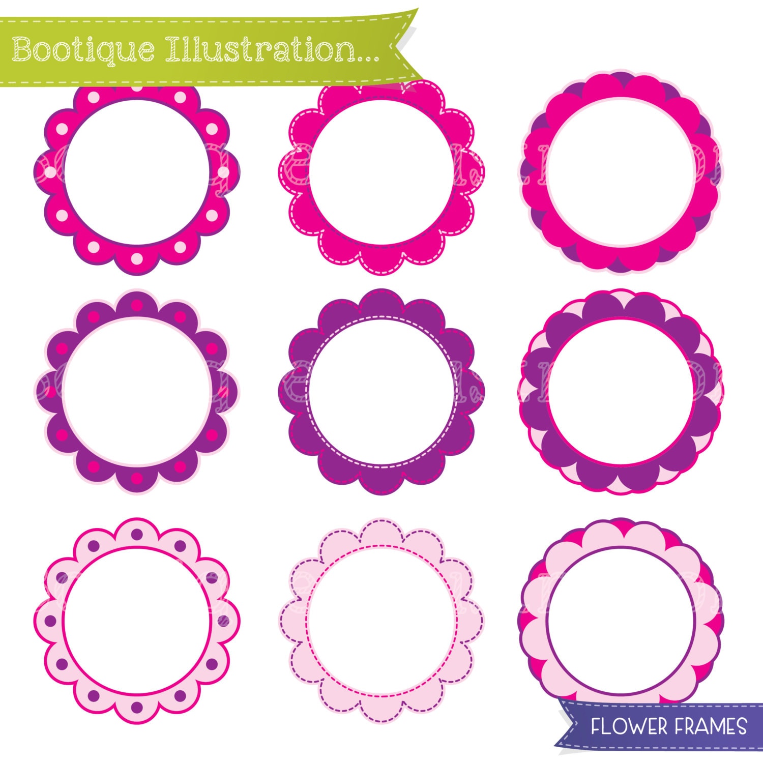 Pink Flowers Clipart Set. Pink and Purple Digital Flowers Vector Clip